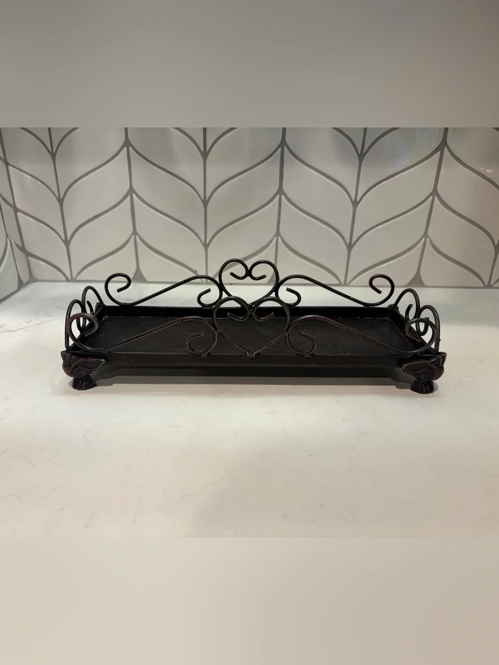 Decorative Iron Scroll Tray in Rustic Brown